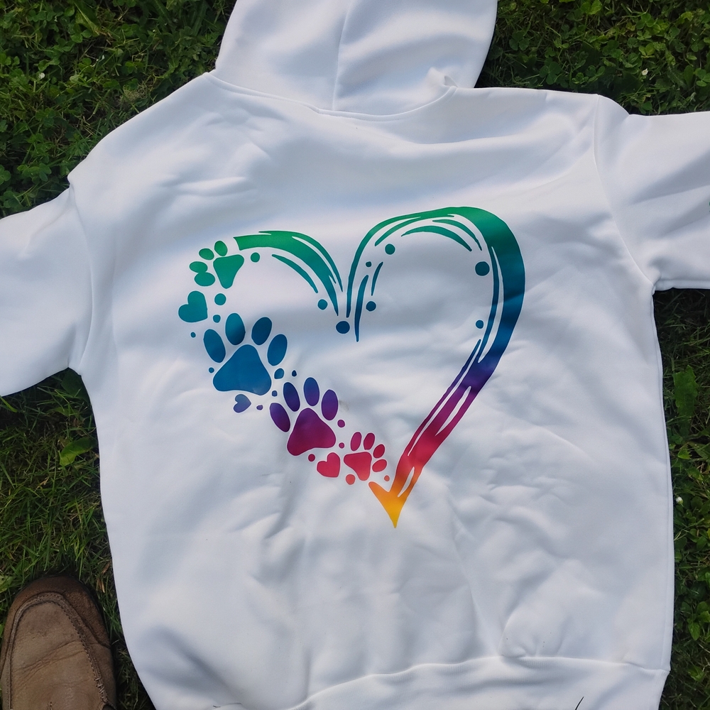 White Hoodie with Rainbow Heart and Paw Print Design